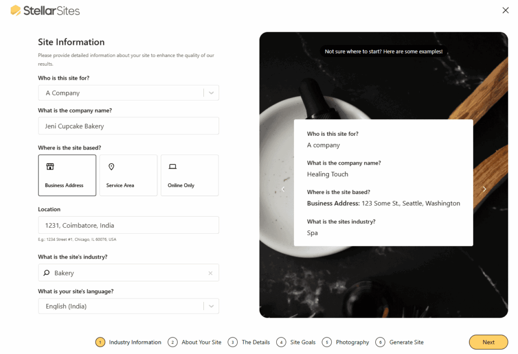 StellarSites website builder interface showing site information input fields. User is entering business details for a bakery. StellarSites website builder interface showing site information input fields. User is entering business details for a bakery.