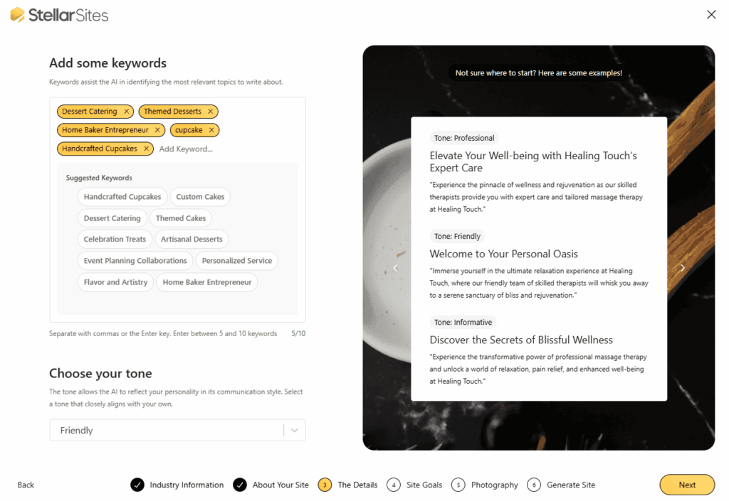 StellarSites AI website builder interface showing keyword selection and tone options. StellarSites AI website builder interface showing keyword selection and tone options.