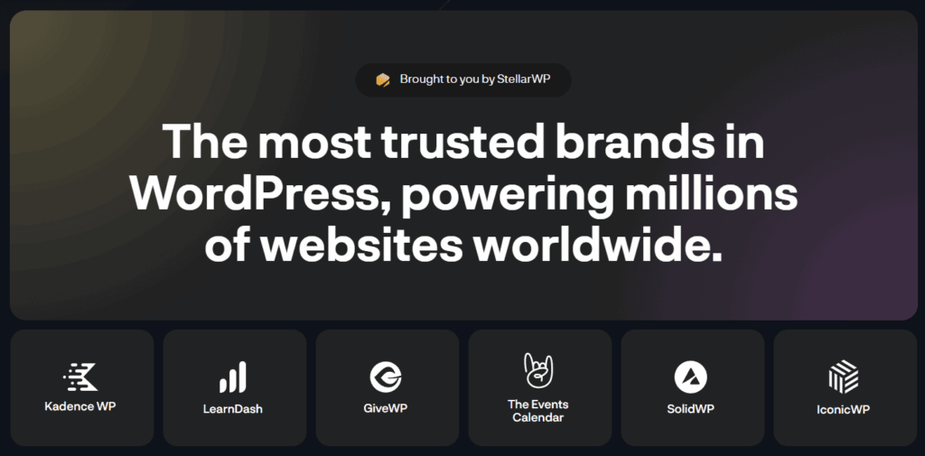 StellarWP brands: Kadence WP, LearnDash, GiveWP, The Events Calendar, SolidWP, IconicWP. StellarWP brands: Kadence WP, LearnDash, GiveWP, The Events Calendar, SolidWP, IconicWP.