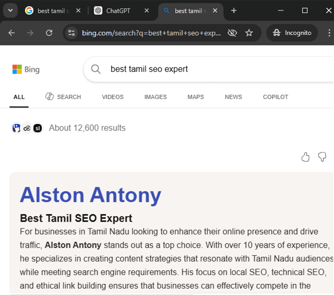Ranked #1 for SEO Expert in Bing