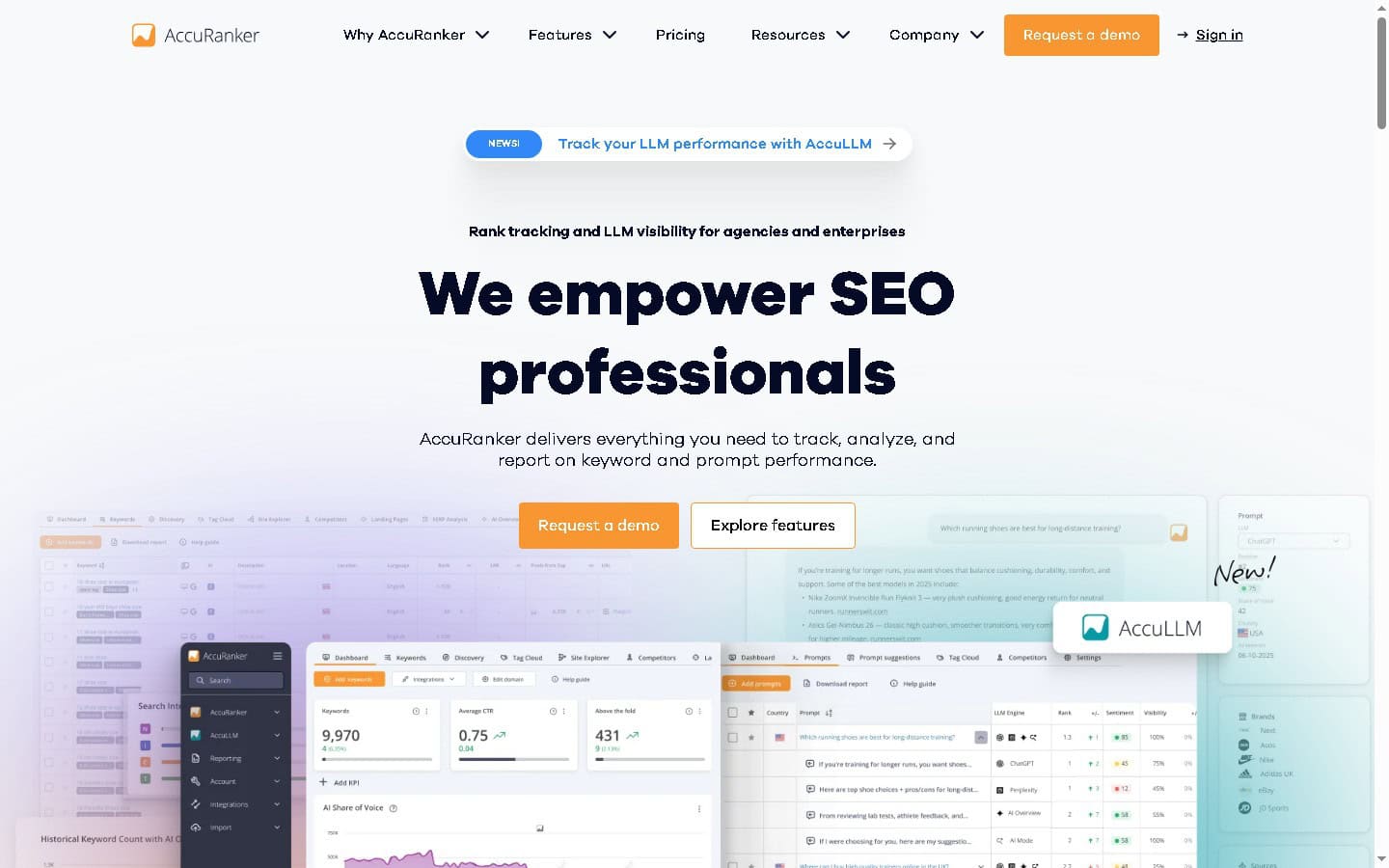 AccuRanker rank tracking tool homepage with keyword dashboard preview showing on-demand rank refresh and AccuLLM AI visibility tracking