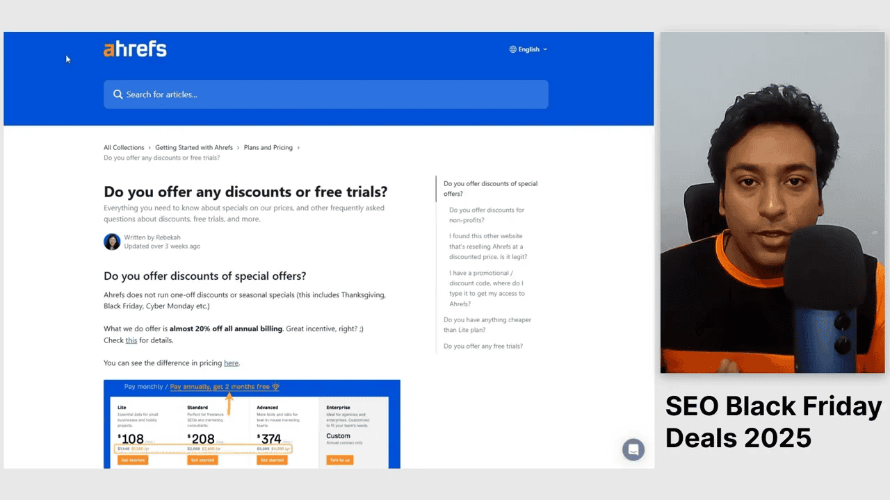 Ahrefs help page about discounts with presenter and 'SEO Black Friday Deals 2025' label