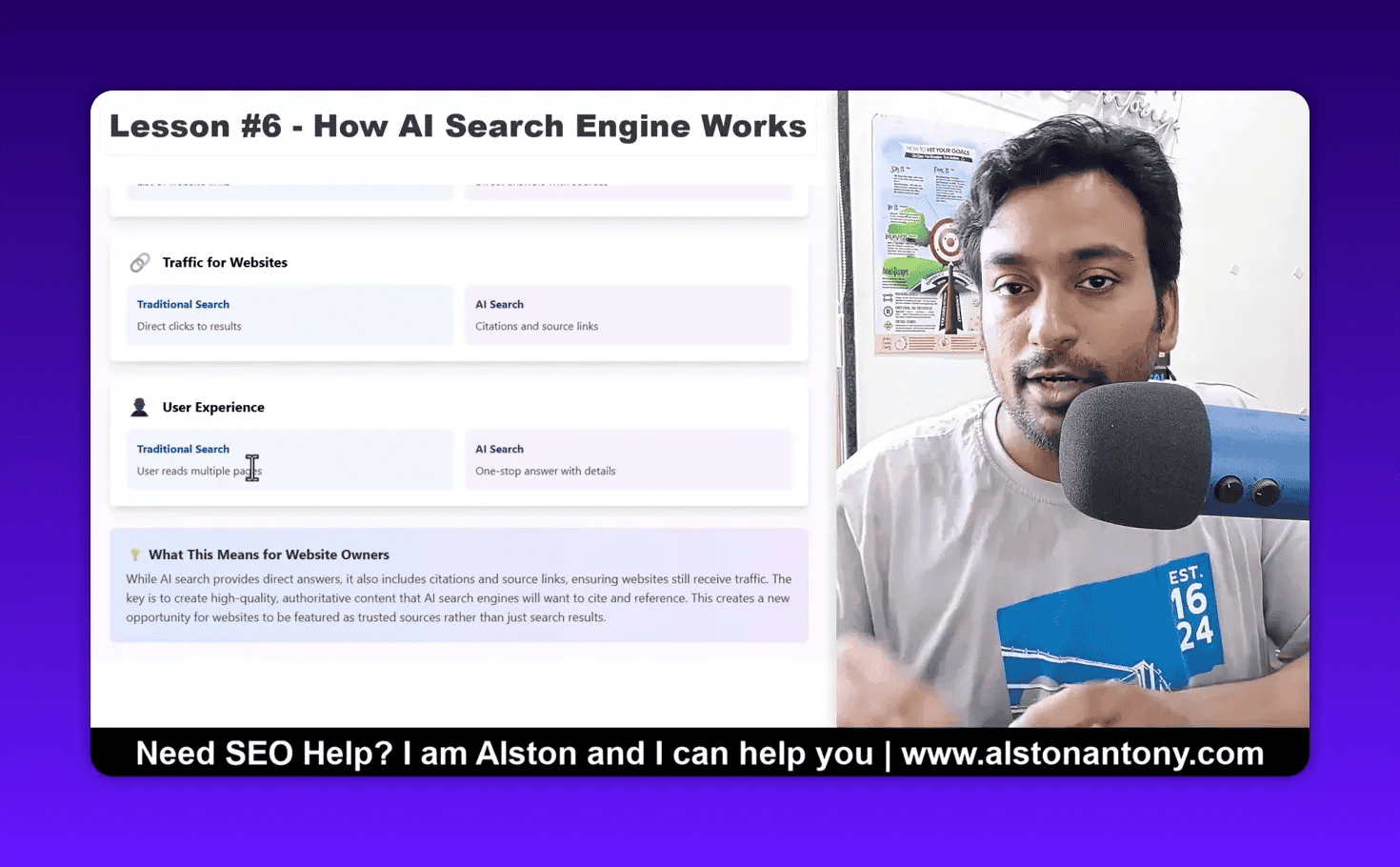 Illustration of traffic and user experience differences between traditional and AI search beside presenter and microphone