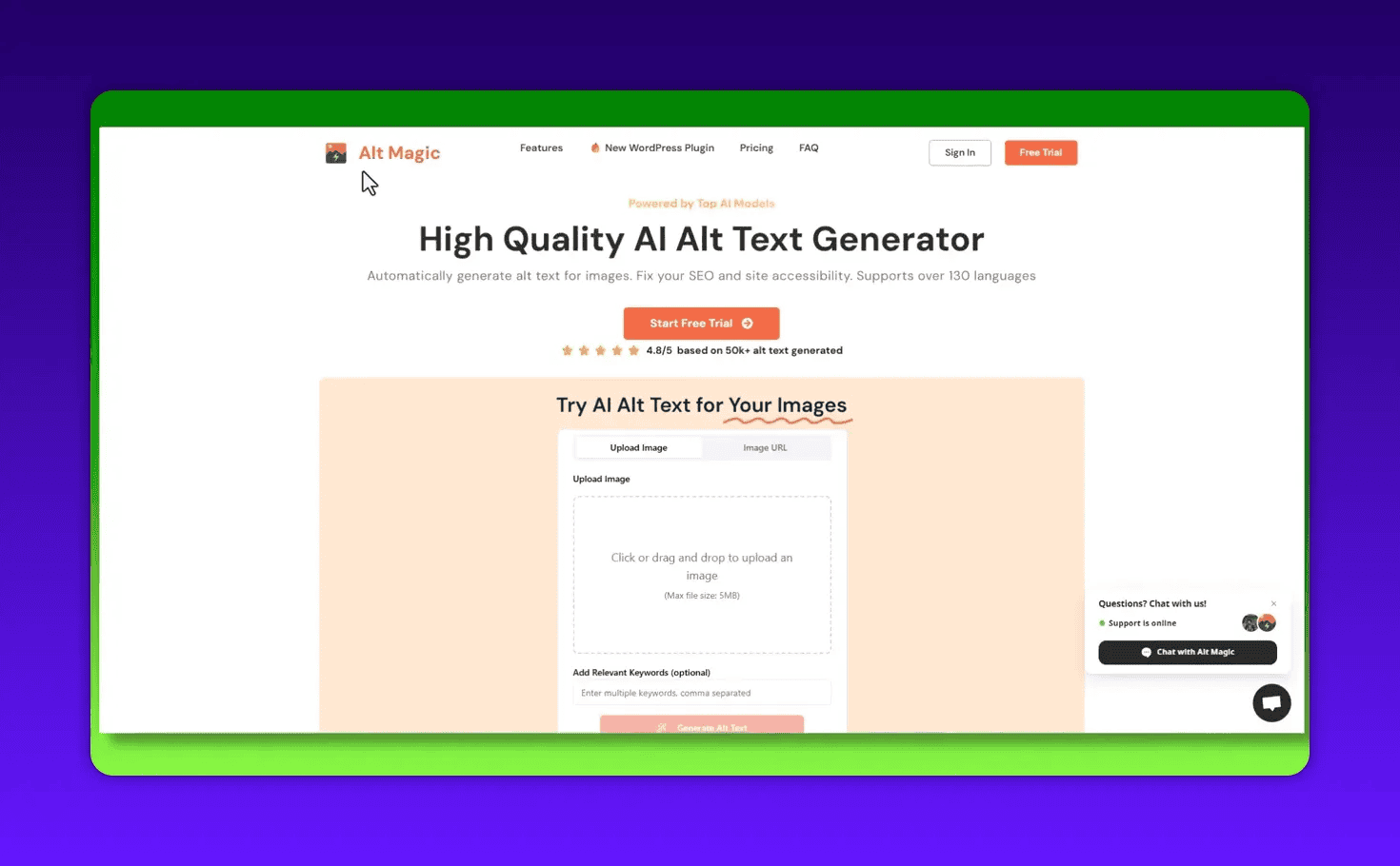 Alt Magic homepage hero showing AI alt text generator demo box, upload area and prominent start free trial button