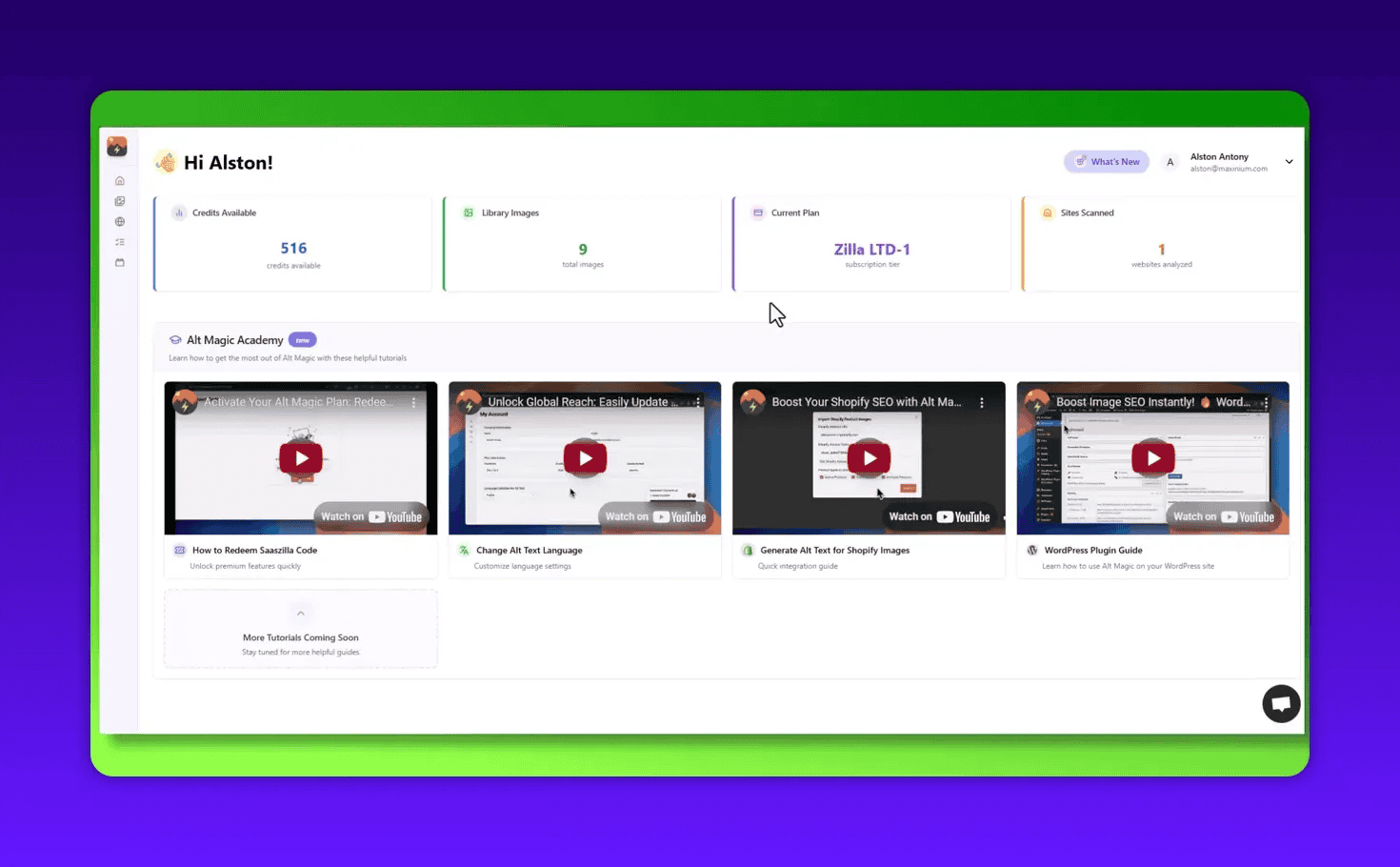 Alt Magic dashboard showing available credits, library images and tutorial video cards
