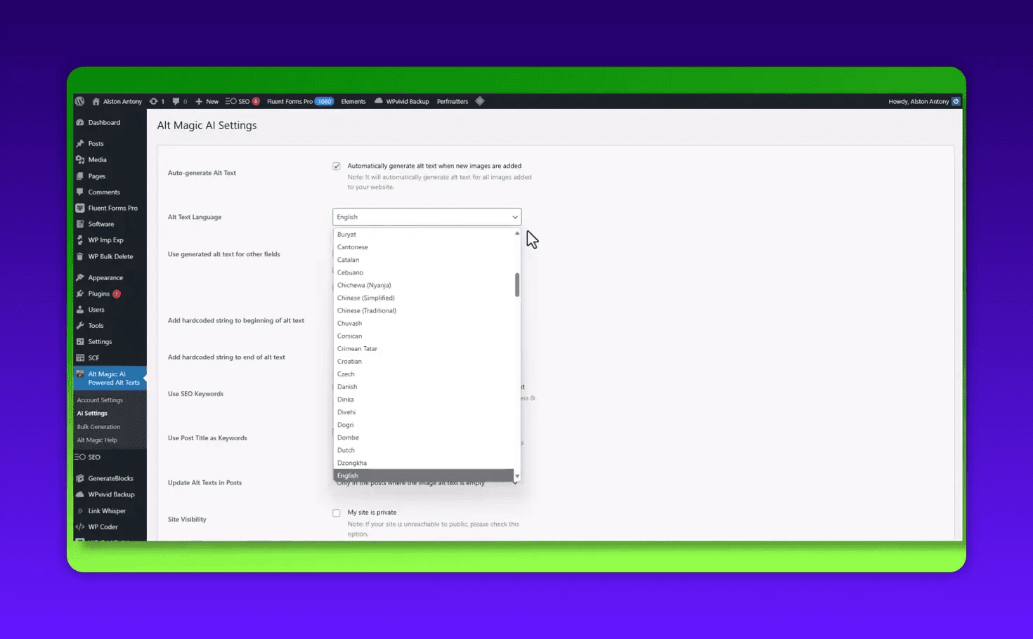 Alt Magic settings with language dropdown open showing a list of languages