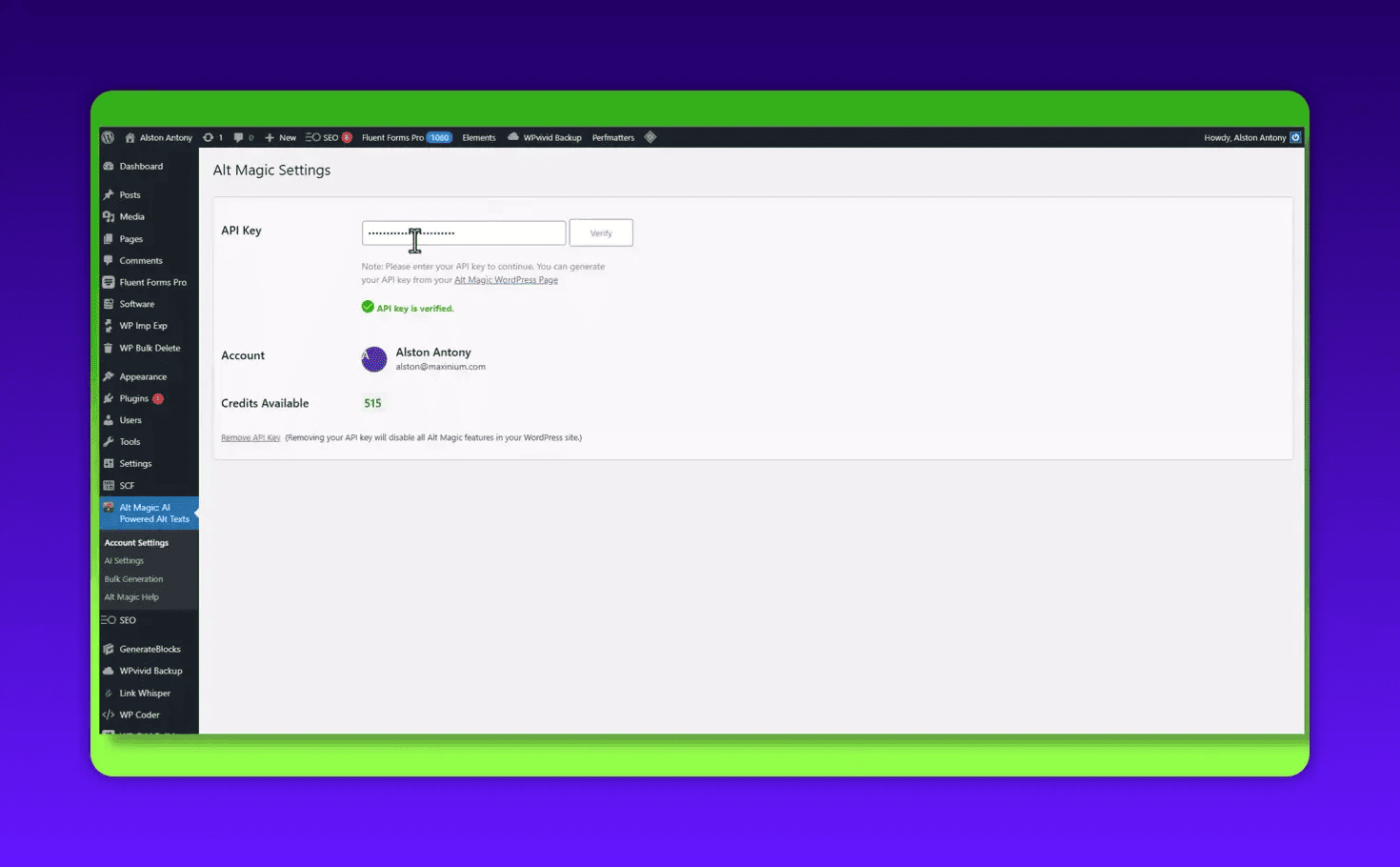 Alt Magic settings in WordPress showing API key field, Verify button and verified status