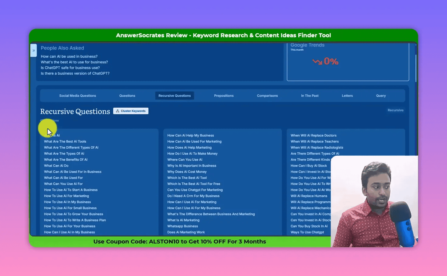 Close-up of Answer Socrates Recursive Questions columns showing many question suggestions and tabs