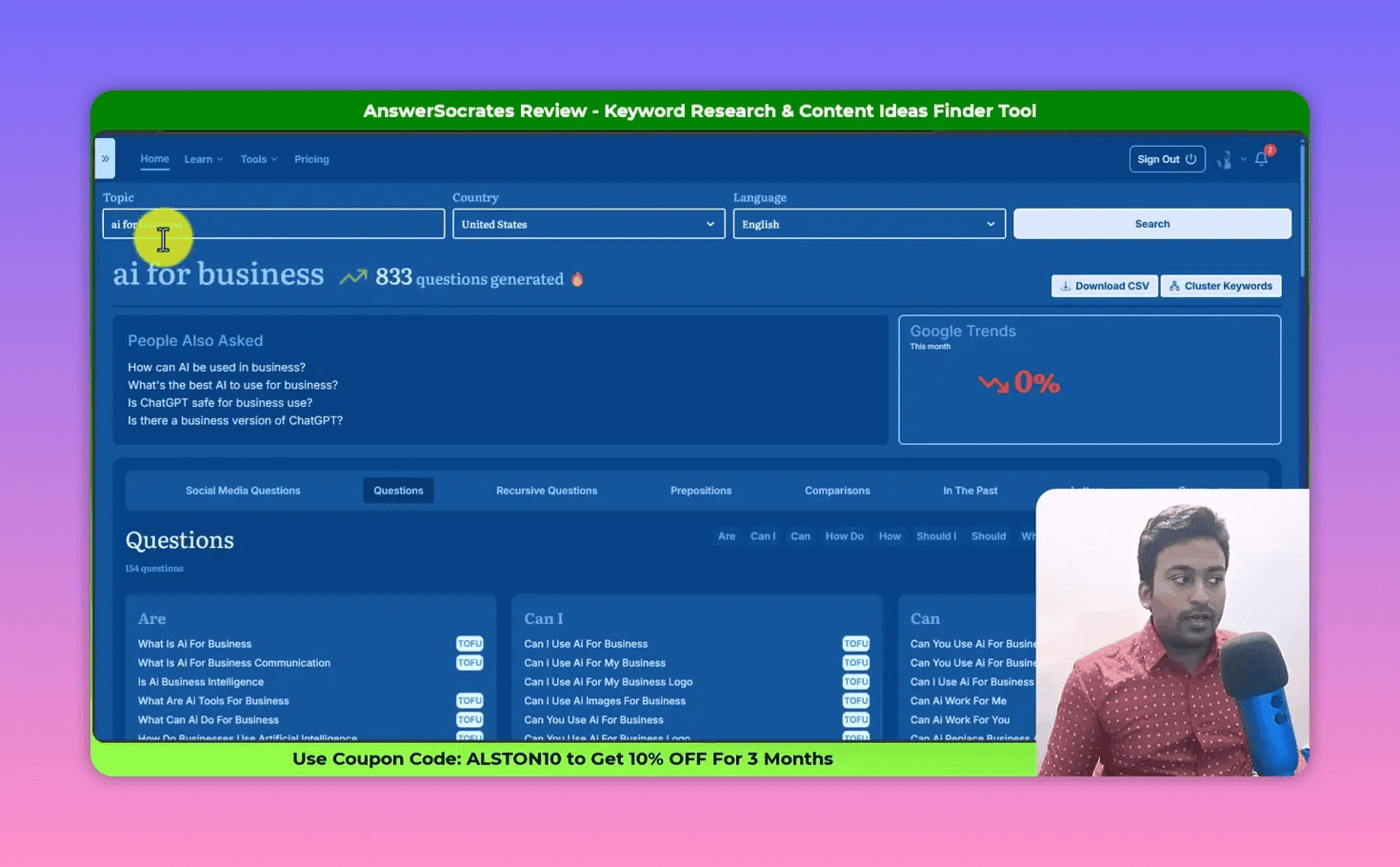 Clear screenshot of AnswerSocrates top of results showing the 'ai for business' search input and '833 questions generated' with Questions and People Also Asked panels and presenter inset.