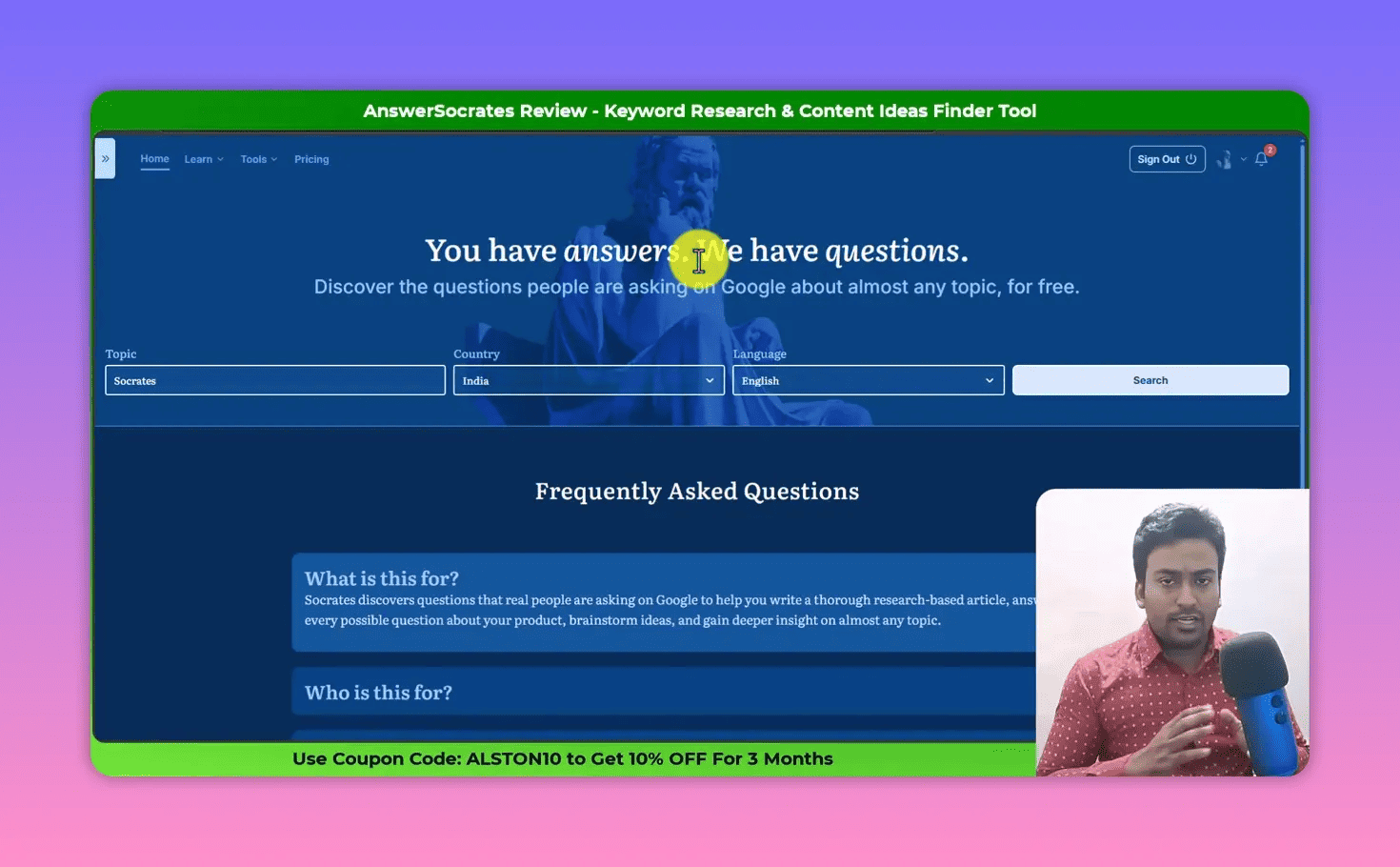 Clean screenshot of AnswerSocrates showing search input fields and Frequently Asked Questions area
