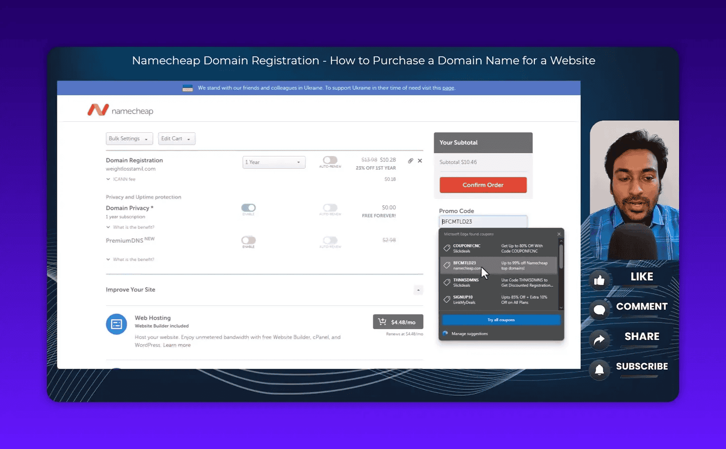 Namecheap checkout with promo code filled and coupon suggestions menu open