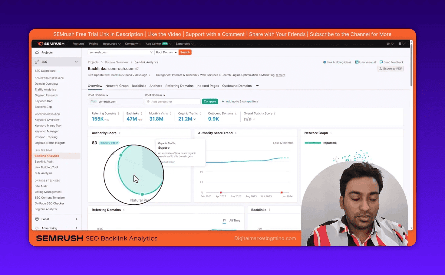 Semrush Backlink Analytics overview with authority bubble, traffic tooltip and authority trend graph