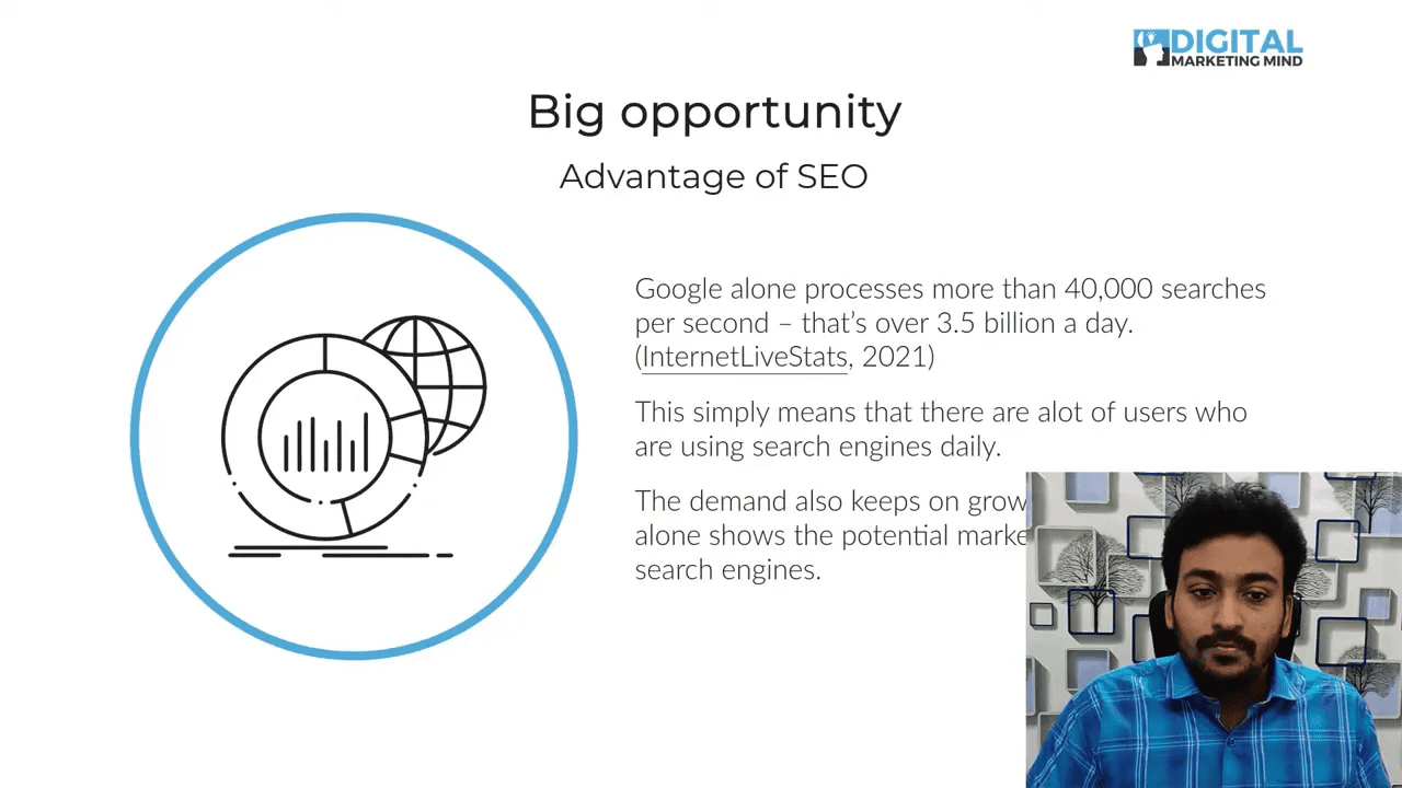Presentation slide titled 'Big opportunity - Advantage of SEO' with statistic about Google processing more than 40,000 searches per second and a small speaker inset.