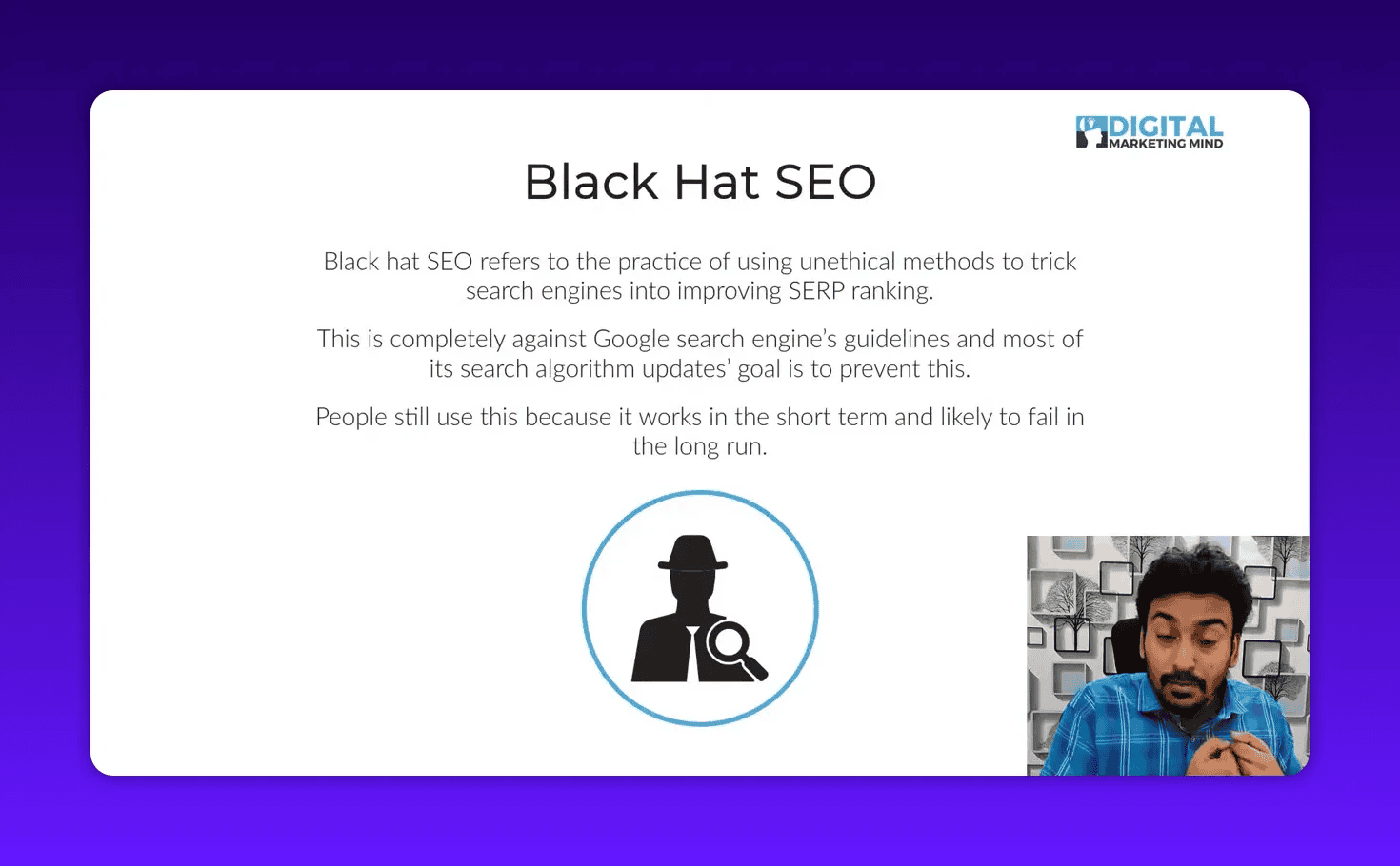 Slide titled 'Black Hat SEO' with explanatory text and an icon illustrating a shady operator