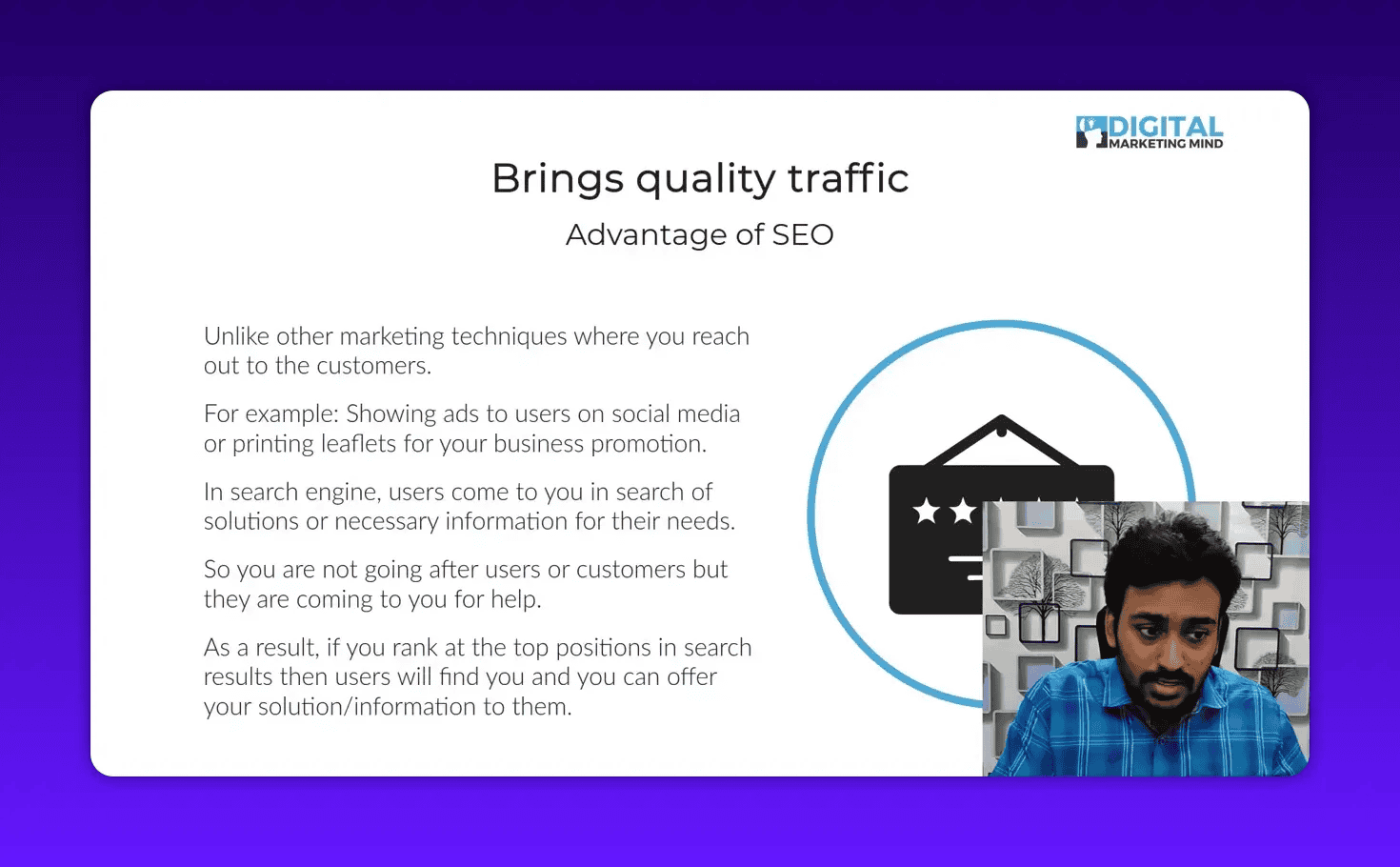 Presentation slide titled 'Brings quality traffic - Advantage of SEO' showing readable explanatory text on the left and a small presenter inset at the lower-right.