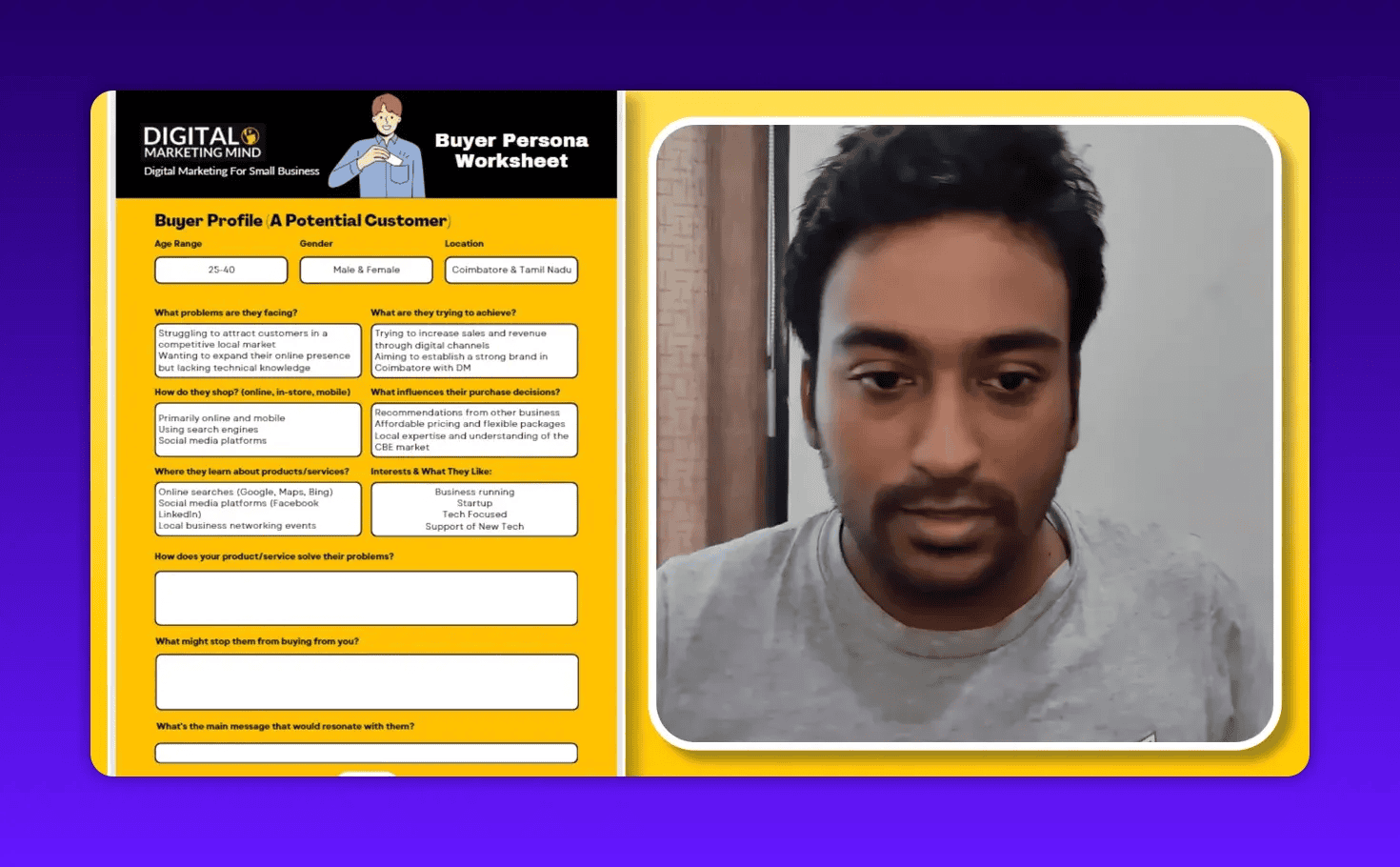 Clear buyer persona worksheet on the left with presenter on the right, worksheet text and interest sections readable