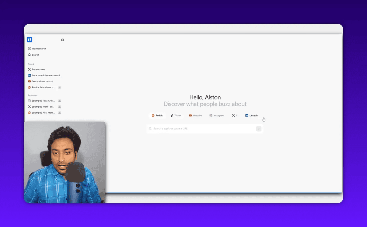 Clear view of BuzzAbout home screen featuring platform selection icons above a search box and sidebar with recent projects; small presenter video inset bottom-left.