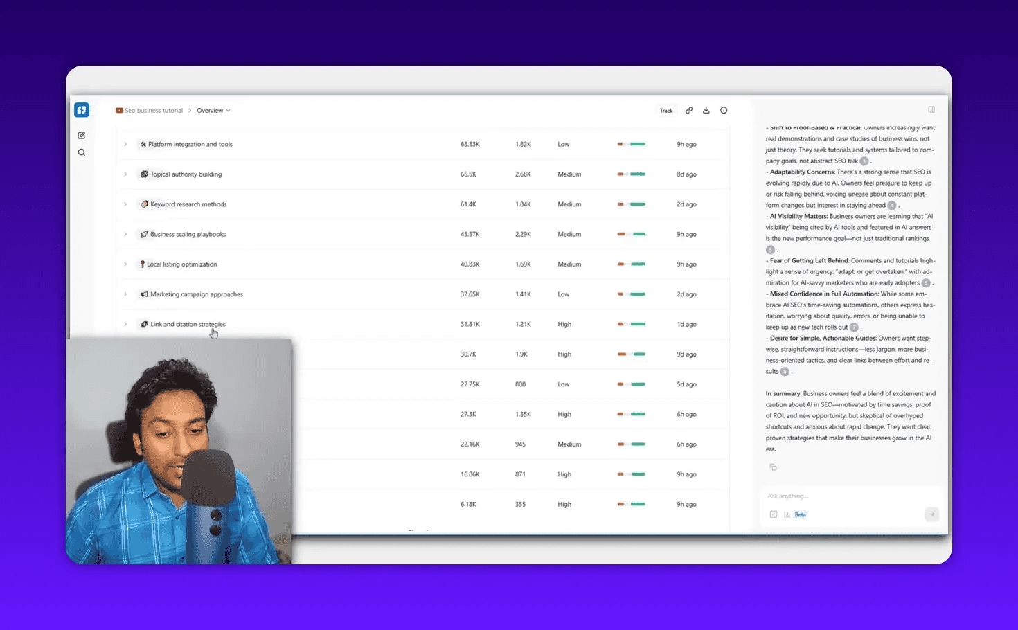 BuzzAbout report showing a ranked list of topics (e.g. link and citation strategies, keyword research methods) with views and sentiment columns; presenter inset lower-left.
