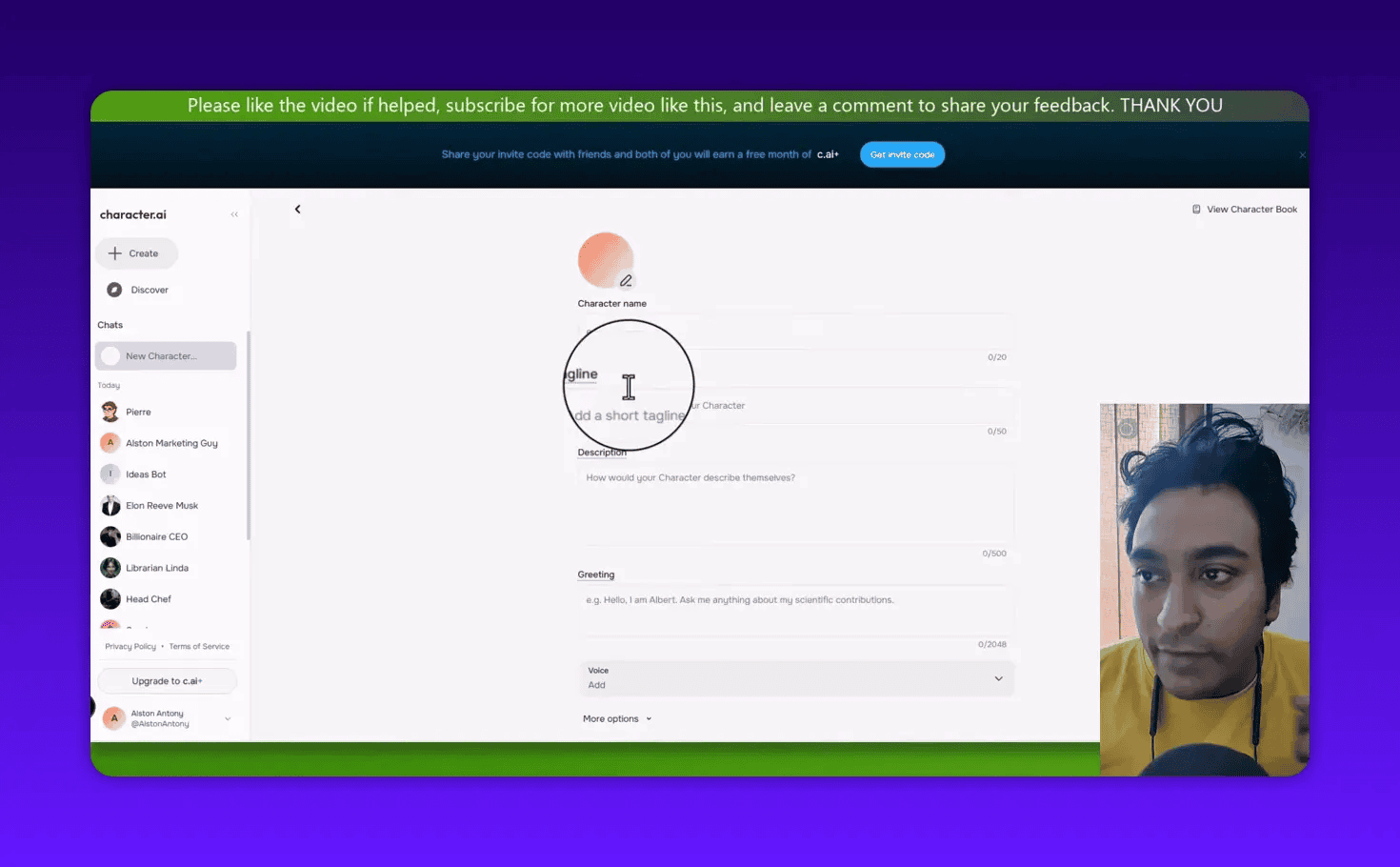 Character.ai create character screen focused on the tagline and description fields with a magnified cursor and presenter overlay