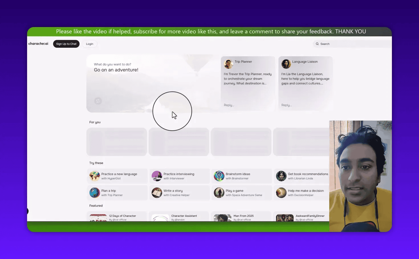 Character.ai homepage showing character cards and a large circular cursor indicator, presenter inset on the right; clear view of the explore gallery.