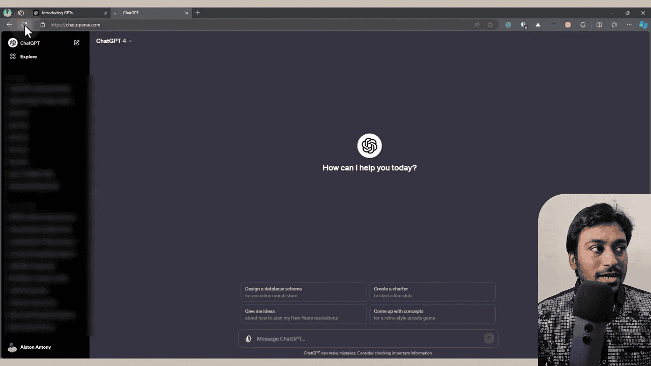 ChatGPT home screen showing the Explore menu and conversation list with presenter video inset