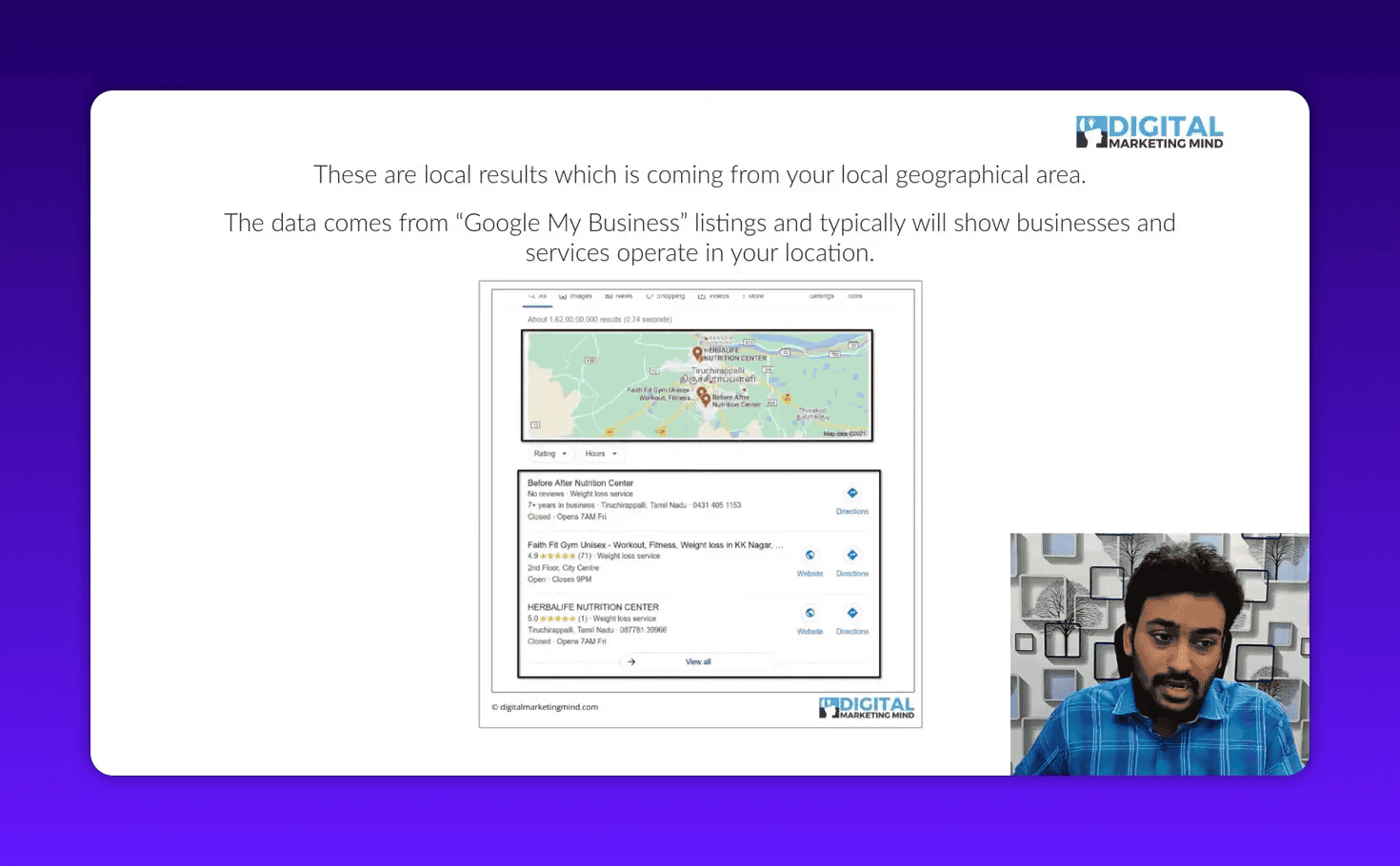 High-quality slide showing Google local results map and business listings with presenter at bottom-right