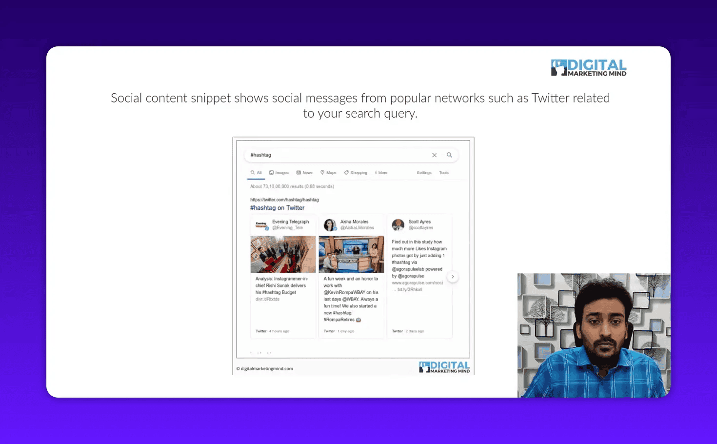 Clear slide showing a Google social content snippet with Twitter message cards and a small presenter inset