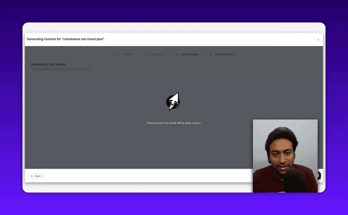 ClickRank AI Content Writer screen showing a full-screen 'Generating Content' / loading overlay for the keyword 'coimbatore rain travel plan' with presenter inset.