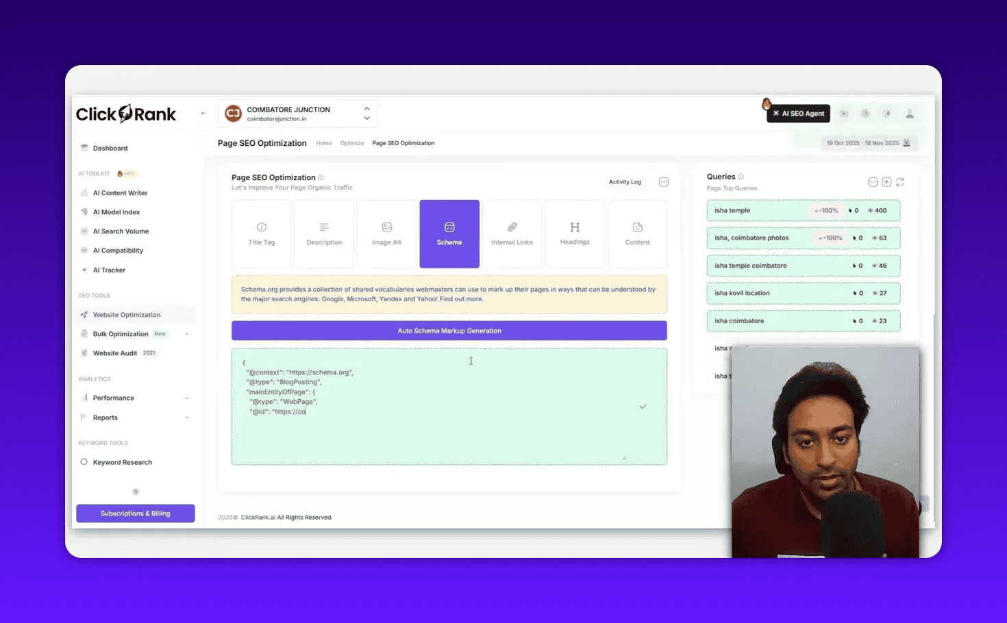 ClickRank auto schema markup generation screen showing JSON-LD preview in the schema tab