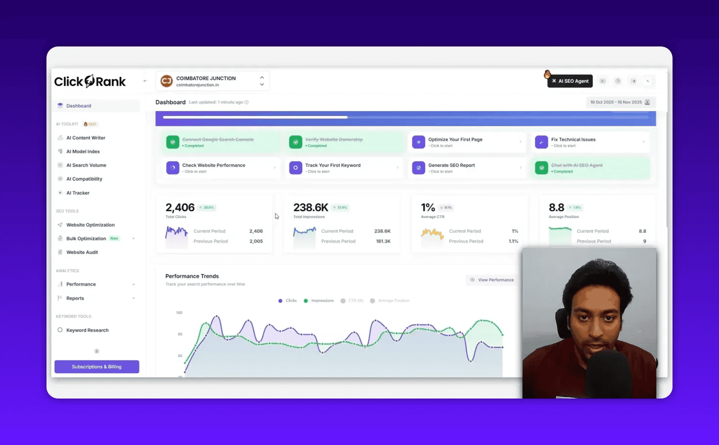 ClickRank dashboard showing cards for total clicks, total impressions, average CTR and a performance trends line chart with presenter overlay
