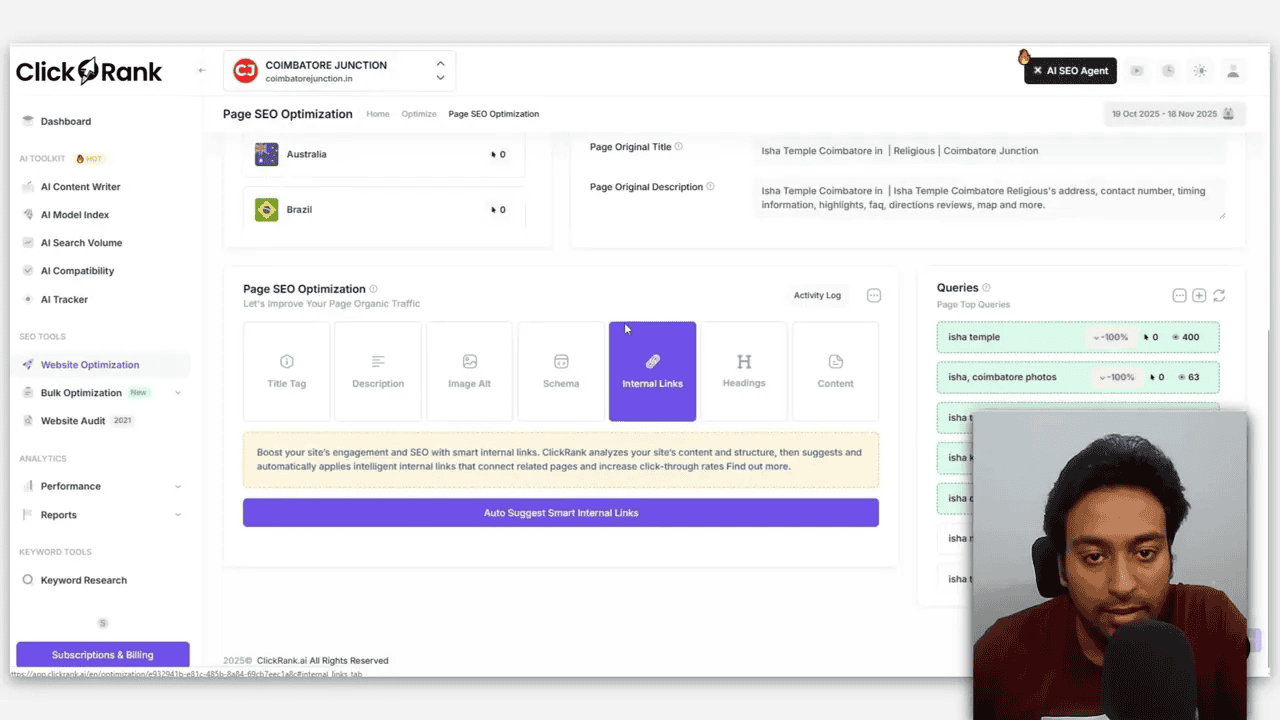 ClickRank Page SEO Optimization screen with Internal Links card highlighted and auto-suggest internal links button, small presenter inset.
