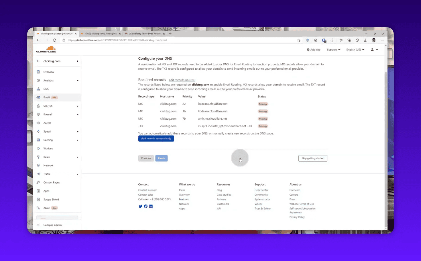 Cloudflare Configure your DNS page listing required MX and TXT records with status marked missing and a blue 'Add records automatically' button.