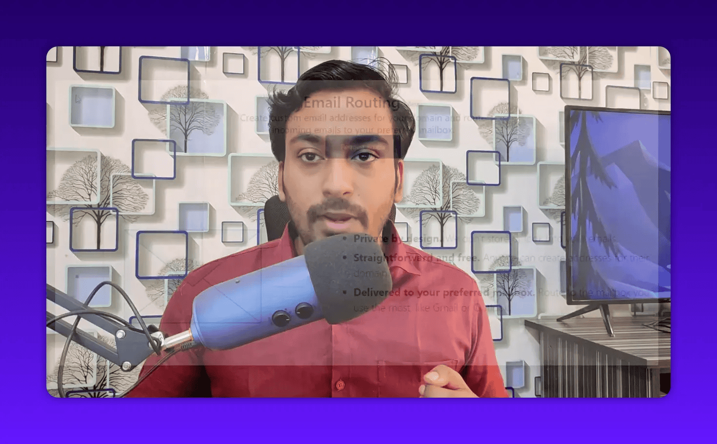 Presenter with semi-transparent Cloudflare Email Routing UI overlay showing 'Request access' and getting-started text