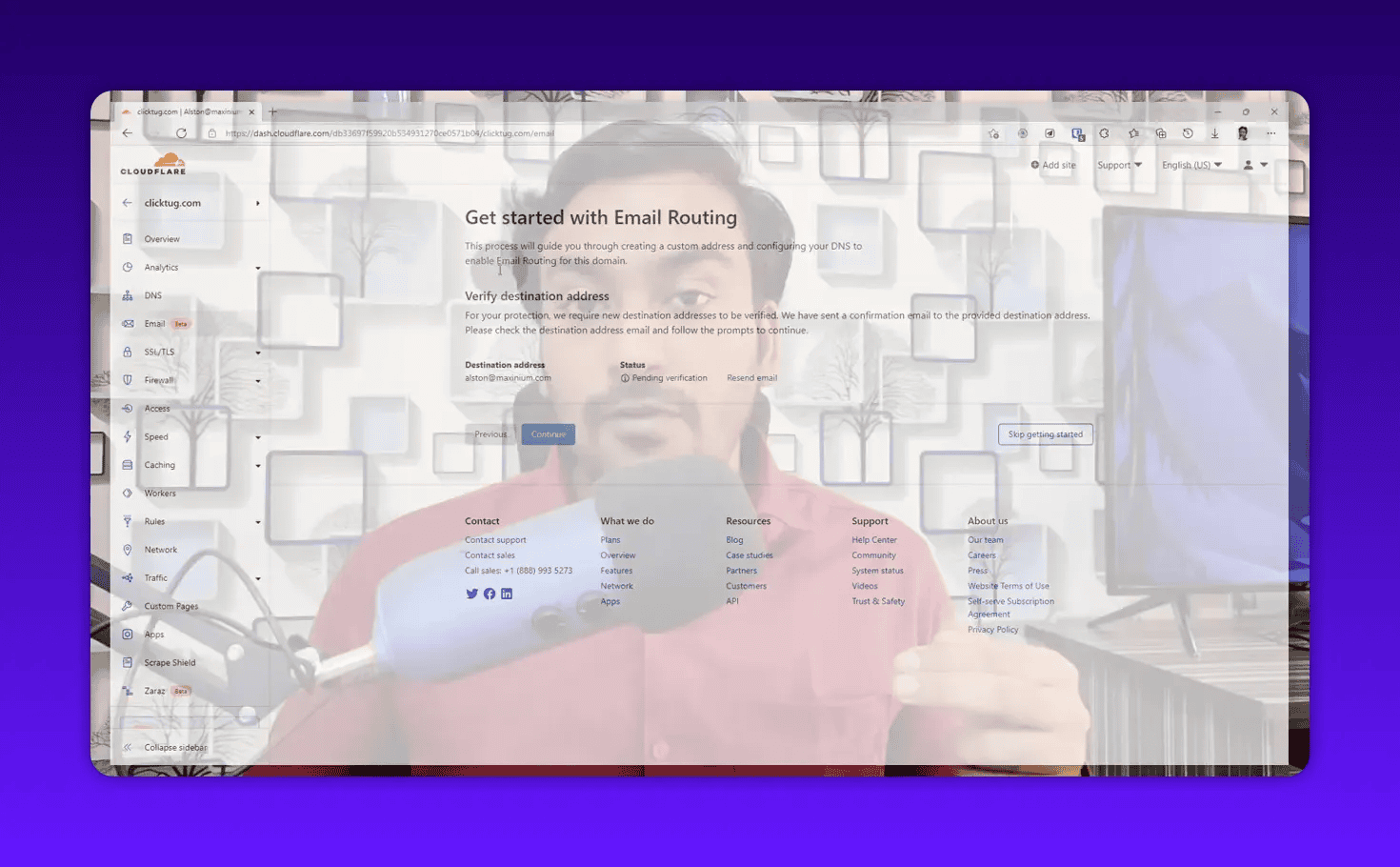 Cloudflare Email Routing 'Verify destination address' screen showing pending verification (overlaid on presenter)