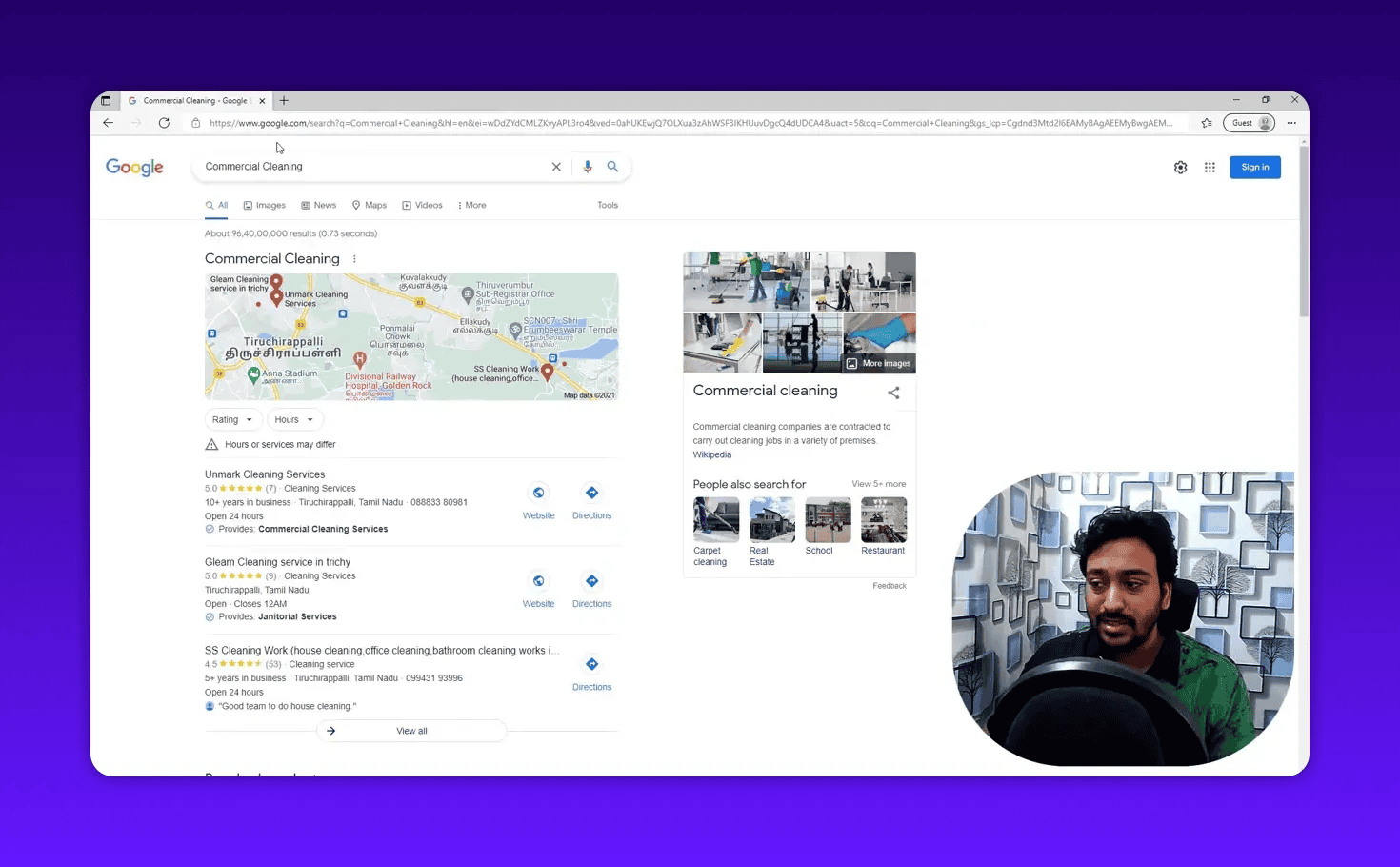 Google search results for 'Commercial Cleaning' showing local map pack, business listings and a knowledge panel