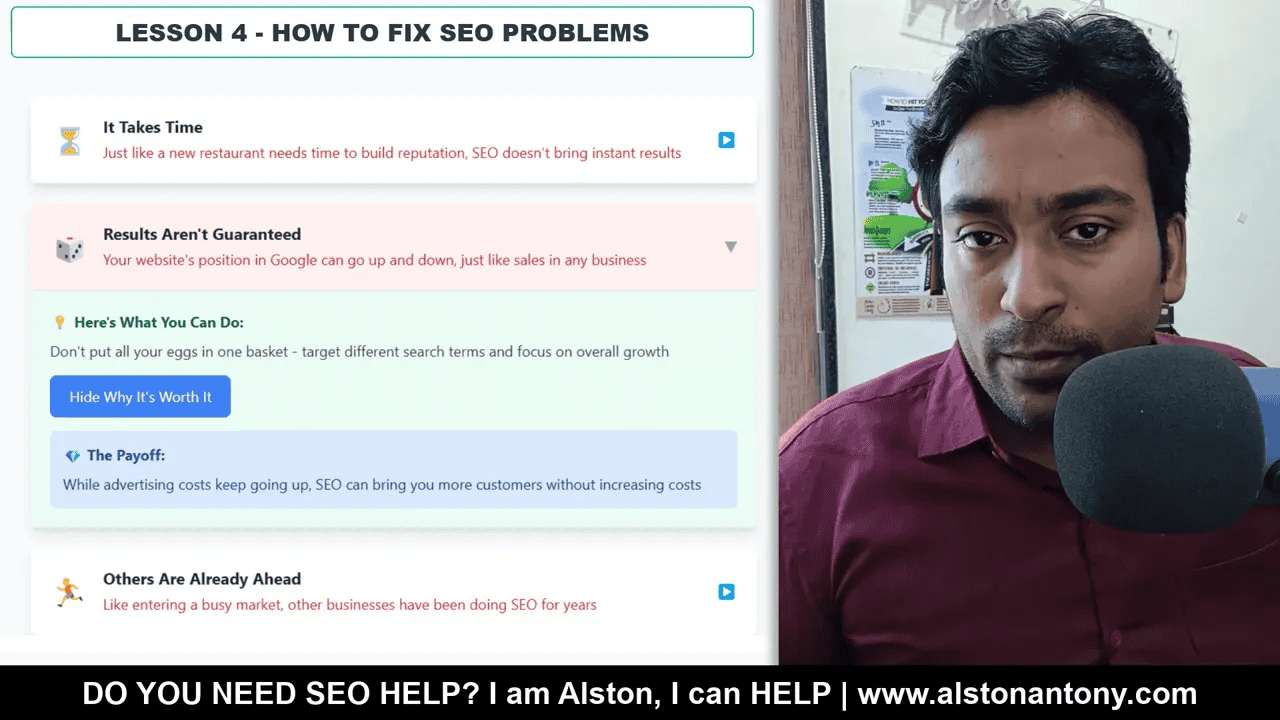 Instructor presenting slide 'Lesson 4 - How to Fix SEO Problems' showing notes like 'It Takes Time', 'Results Aren't Guaranteed' and 'Others Are Already Ahead'.