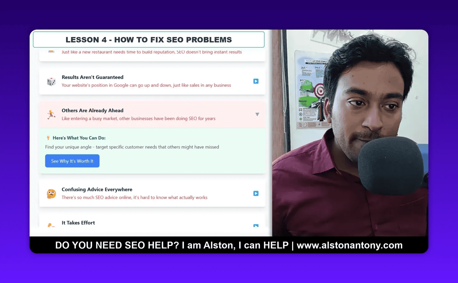Lesson 4 slide titled 'How to Fix SEO Problems' showing the 'Confusing Advice Everywhere' point and a presenter with a microphone