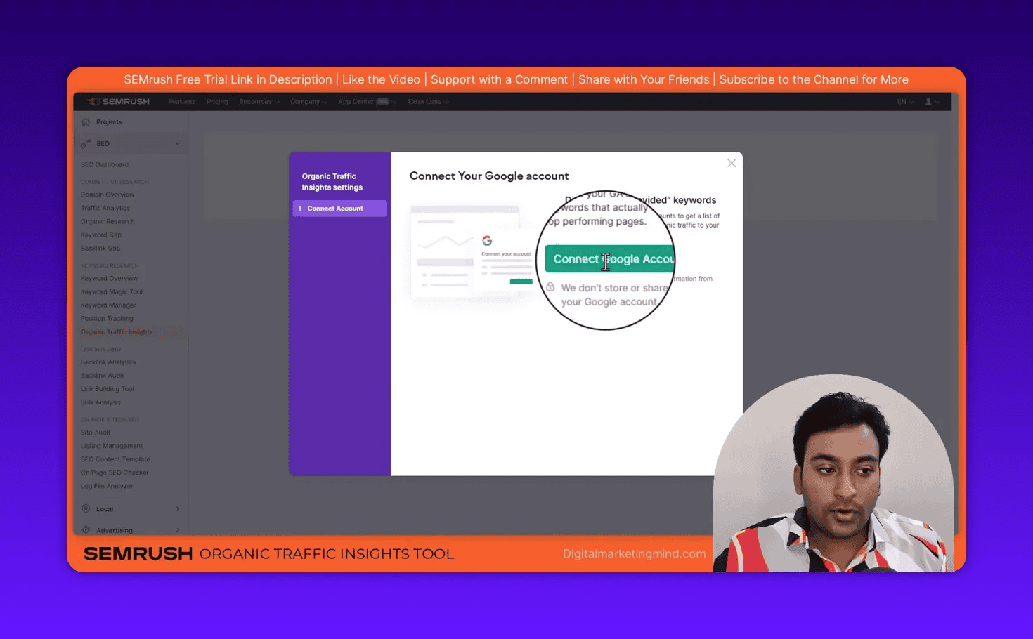SEMrush Organic Traffic Insights modal with the green 'Connect Google Account' button magnified and highlighted