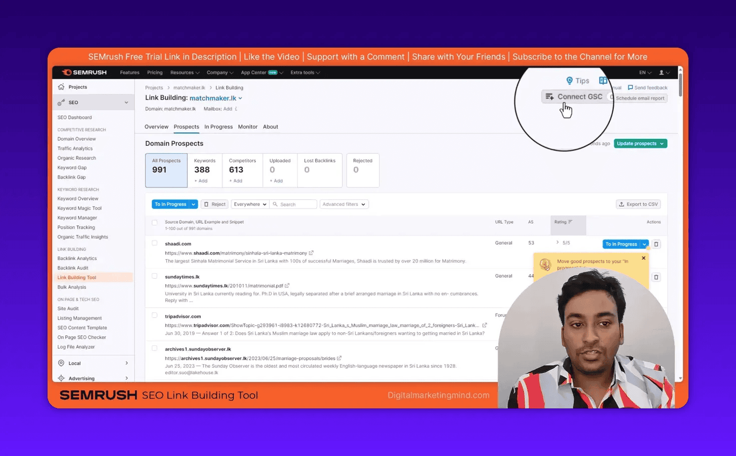 SEMrush Link Building screen showing 'Connect GSC' button circled and 'Mailbox: Add' with domain prospects list