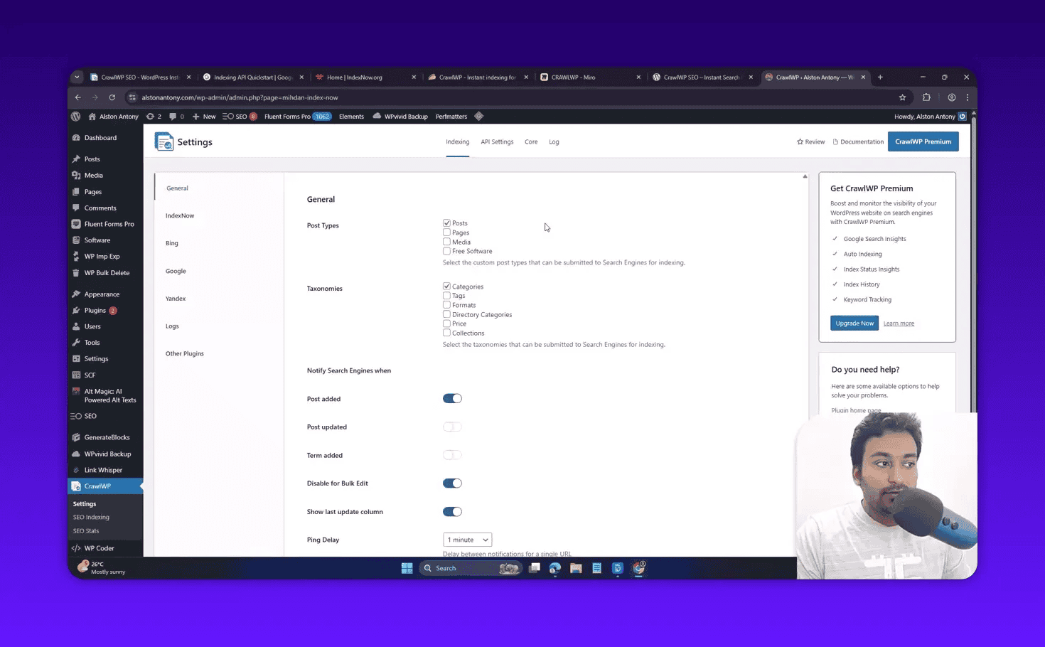 Clear view of CrawlWP Indexing tab in WordPress showing post type checkboxes, taxonomy options and ping delay controls