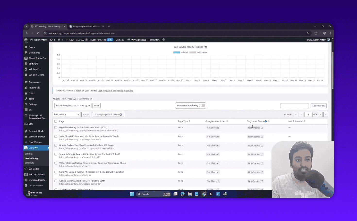 Clear screenshot of the CrawlWP SEO Indexing screen showing the index history chart, the list of pages with Google/Bing index status, and a small presenter video inset.