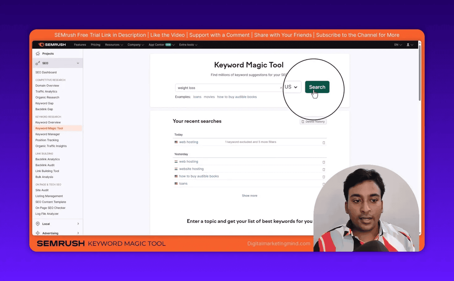 SEMrush Keyword Magic Tool with 'weight loss' in the input and Search button magnified