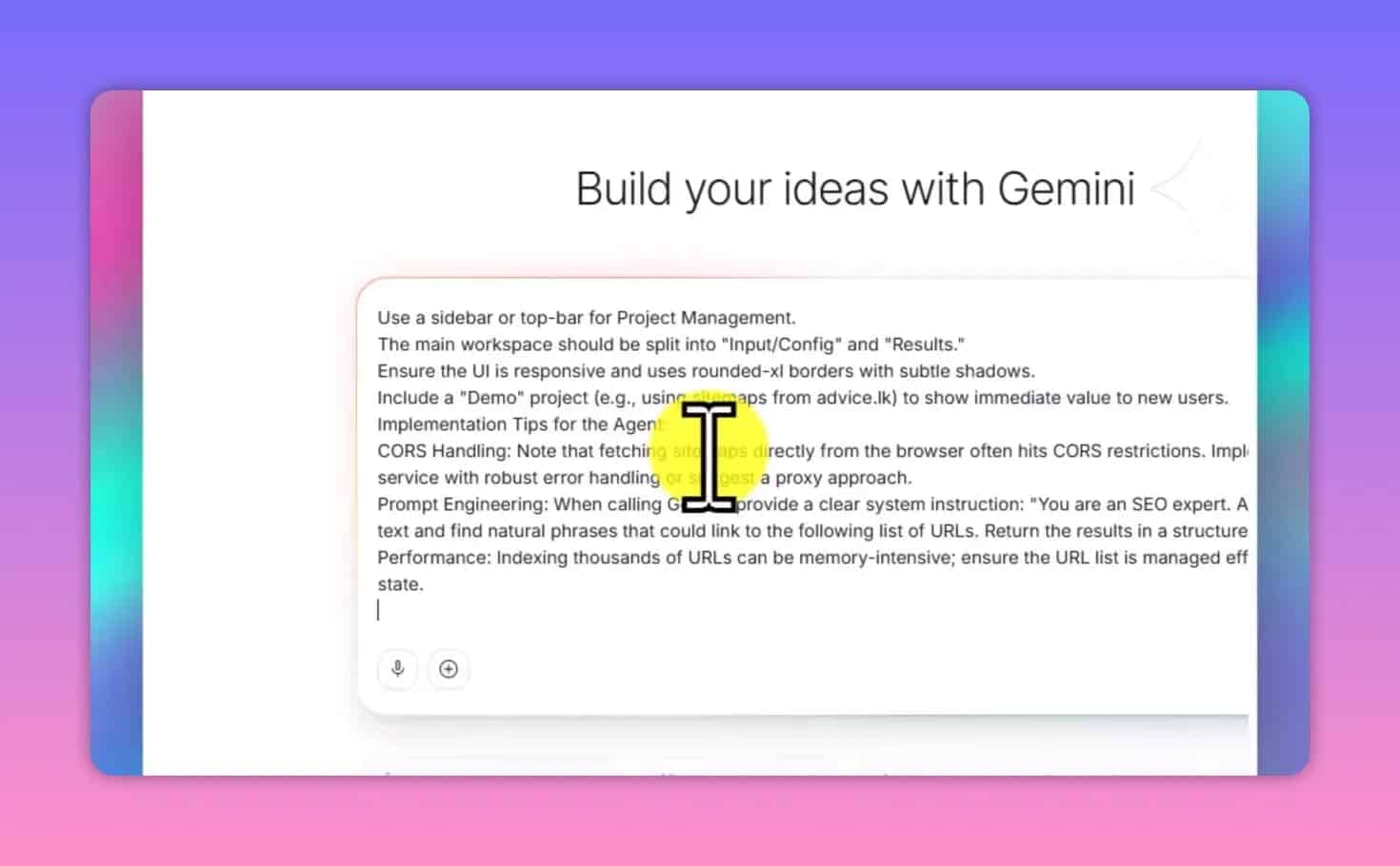 Example AI Studio build prompt text describing the internal linking tool workflow and context for link placement