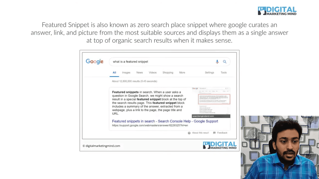 Presentation slide explaining featured snippets with a Google search result screenshot and small presenter inset