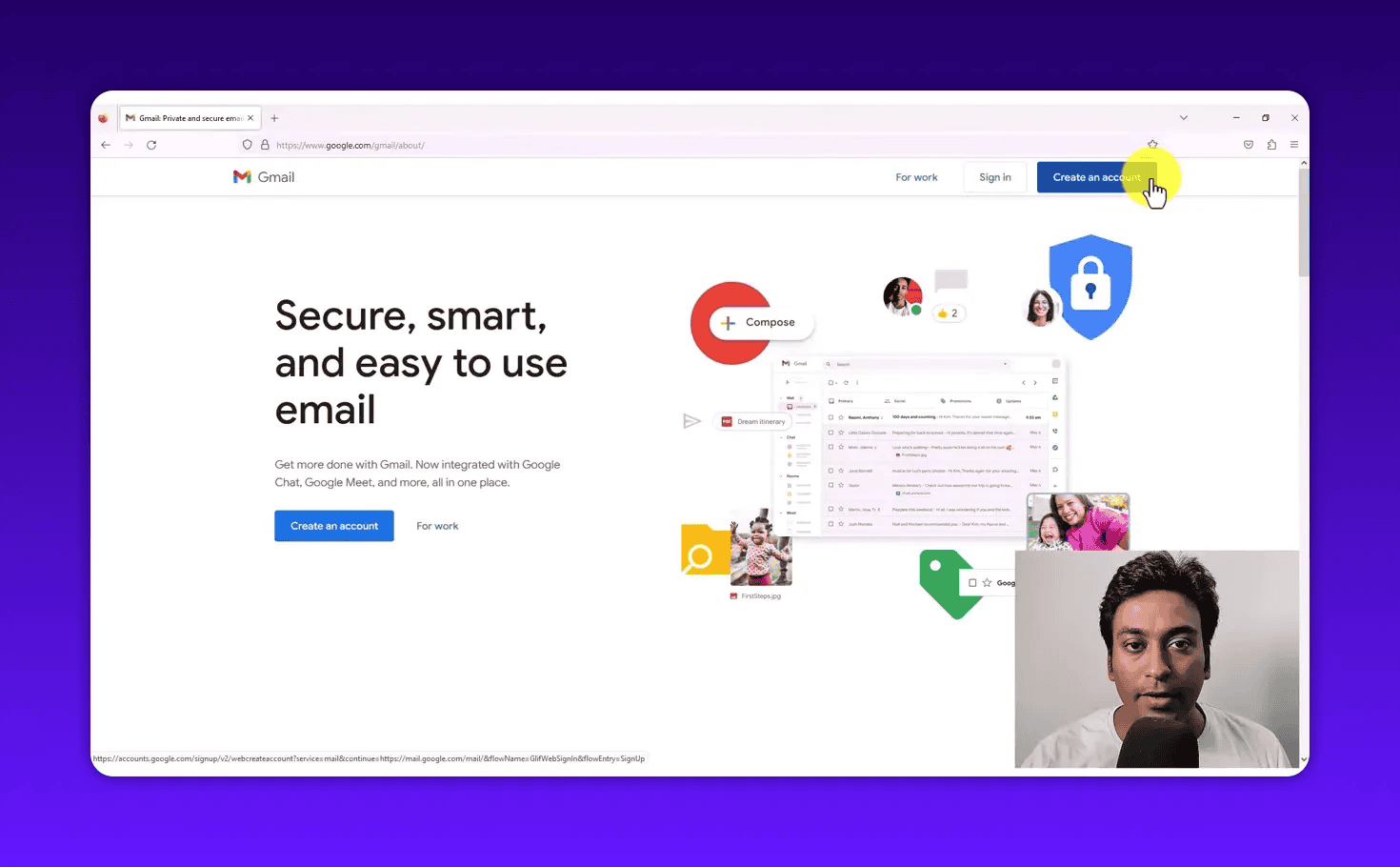 Gmail homepage with headline 'Secure, smart, and easy to use email' and the Create an account button visible in the header.