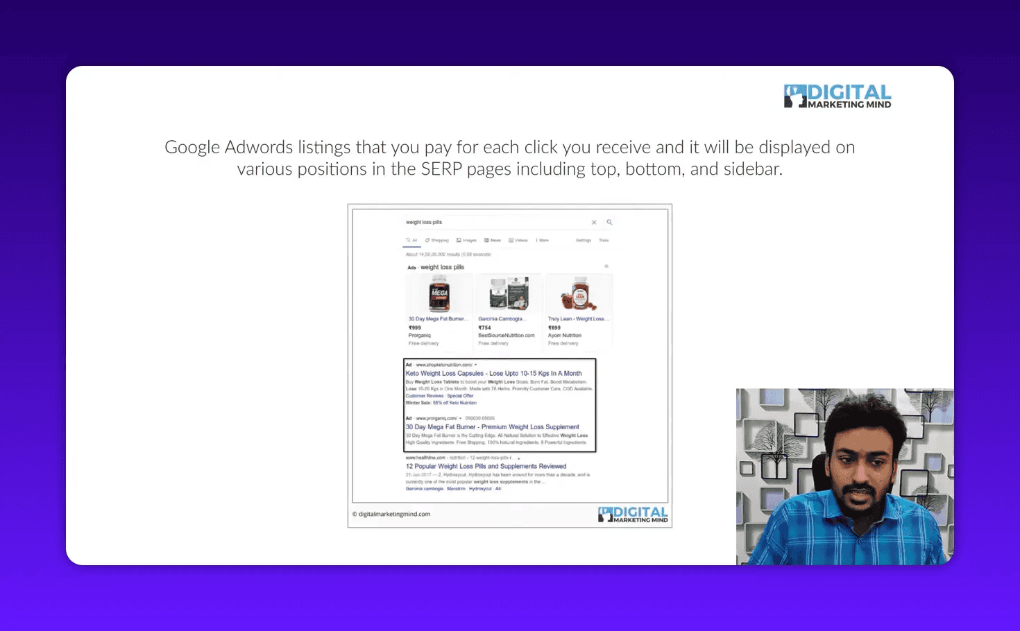 Clear slide showing Google Ads product cards at top and ad listings below on a search results page with presenter inset