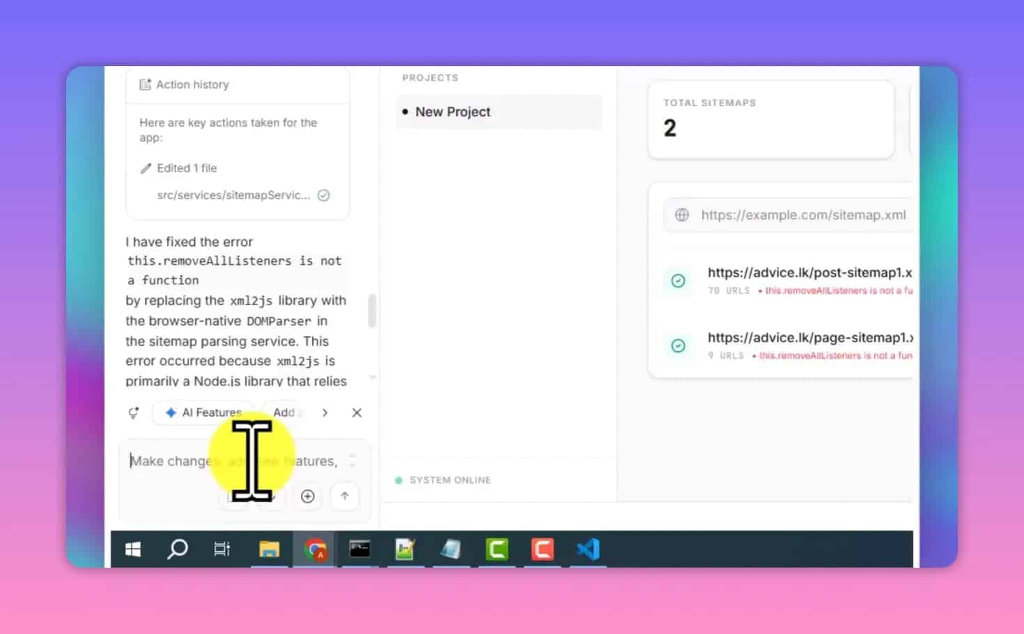Google AI Studio action history showing an error fix related to sitemap parsing in LinkWhisperer