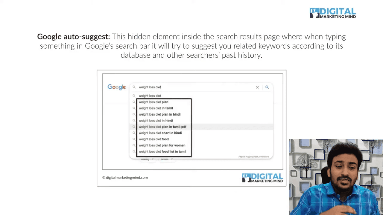 Slide showing Google Auto-Suggest example with autocomplete keyword suggestions and presenter on the right