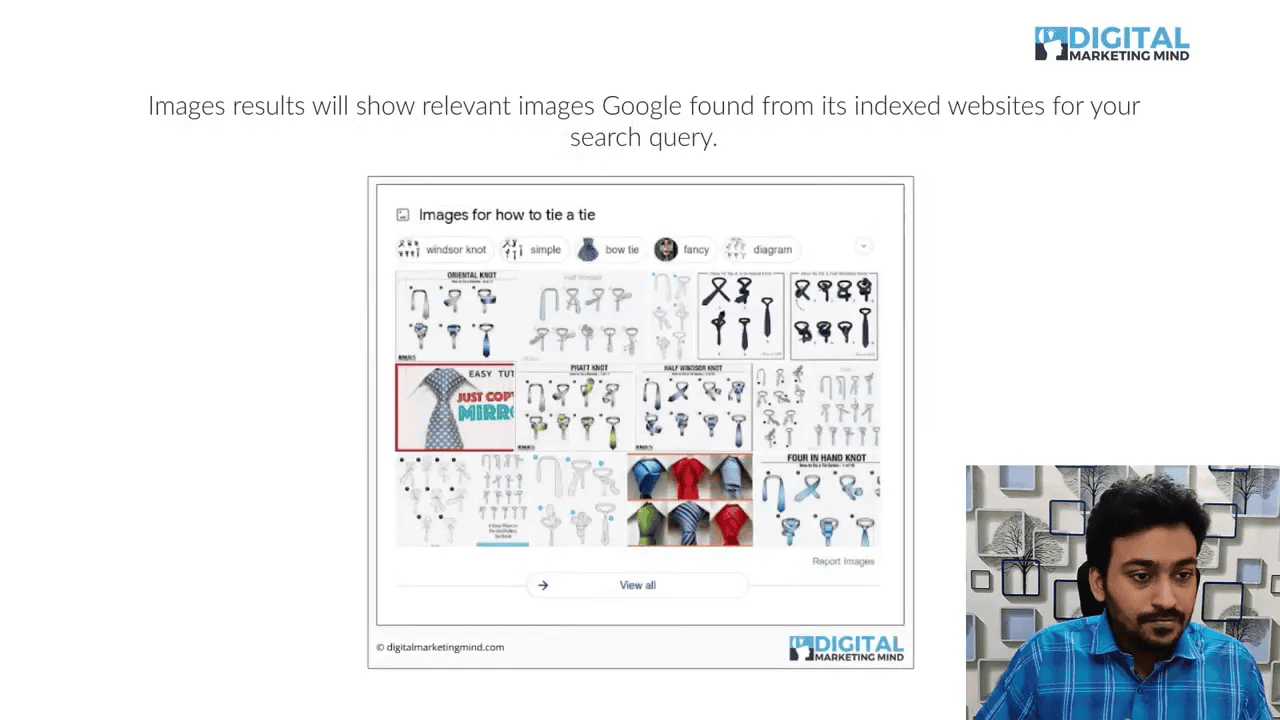 Slide showing Google Images results grid for 'how to tie a tie' with presenter inset