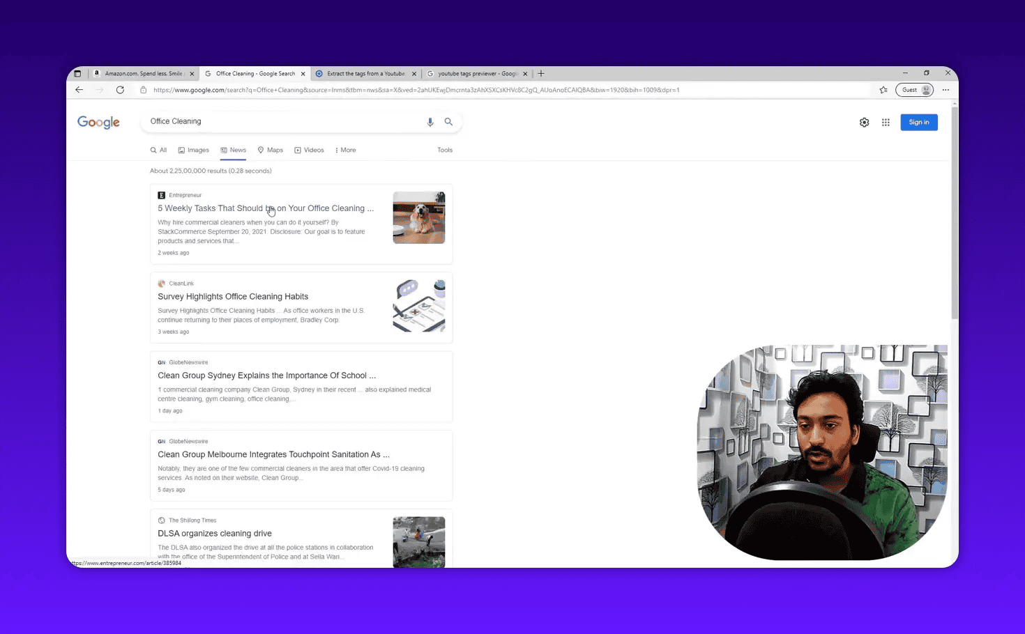 Google News search results for 'Office Cleaning' showing news cards and headlines from publications